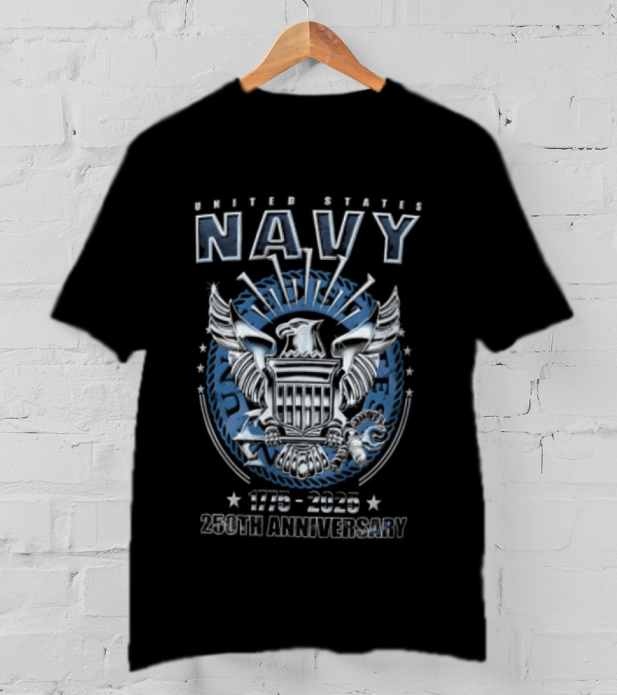United States Navy 1775 2025 250th Anniversary Silver Eagle Holding Shield T-Shirt