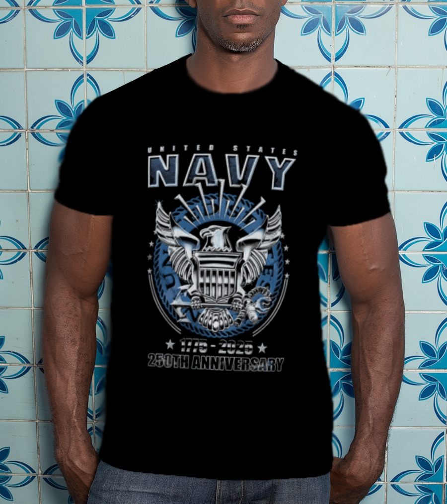 United States Navy 1775 2025 250th Anniversary Silver Eagle Holding Shield T-Shirt