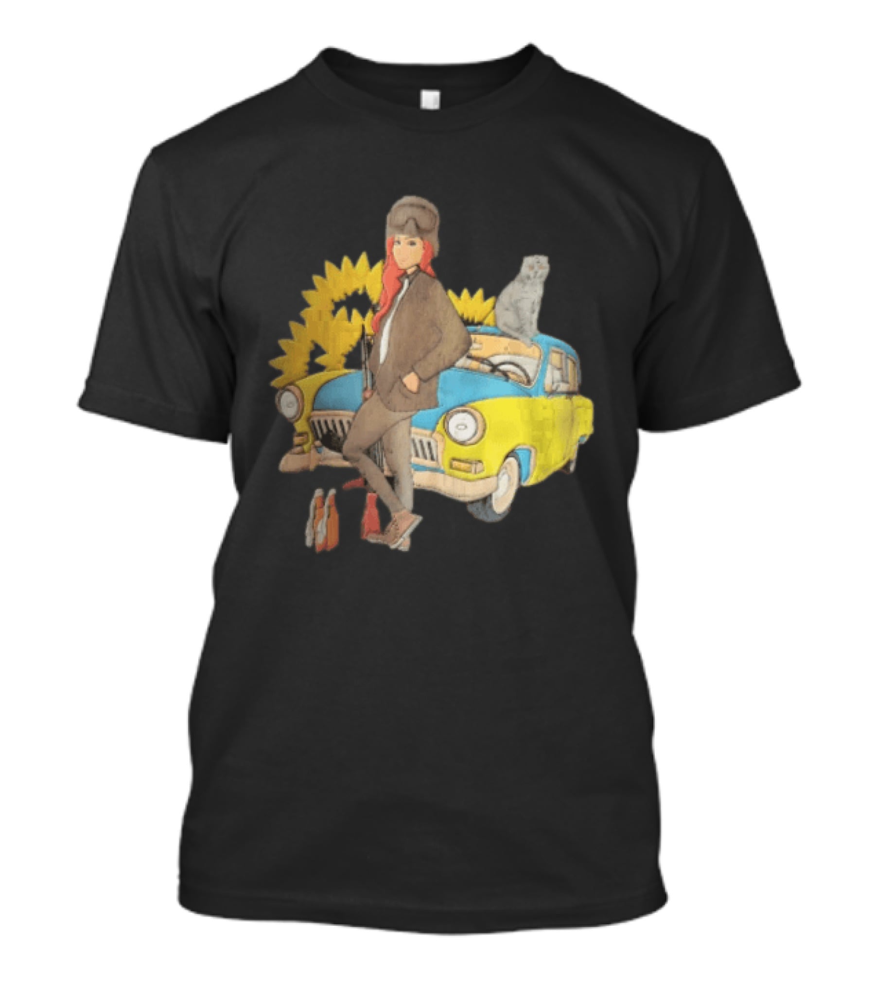 Woman Soldier With Cat On Vintage Car And Sunflowers T-Shirt