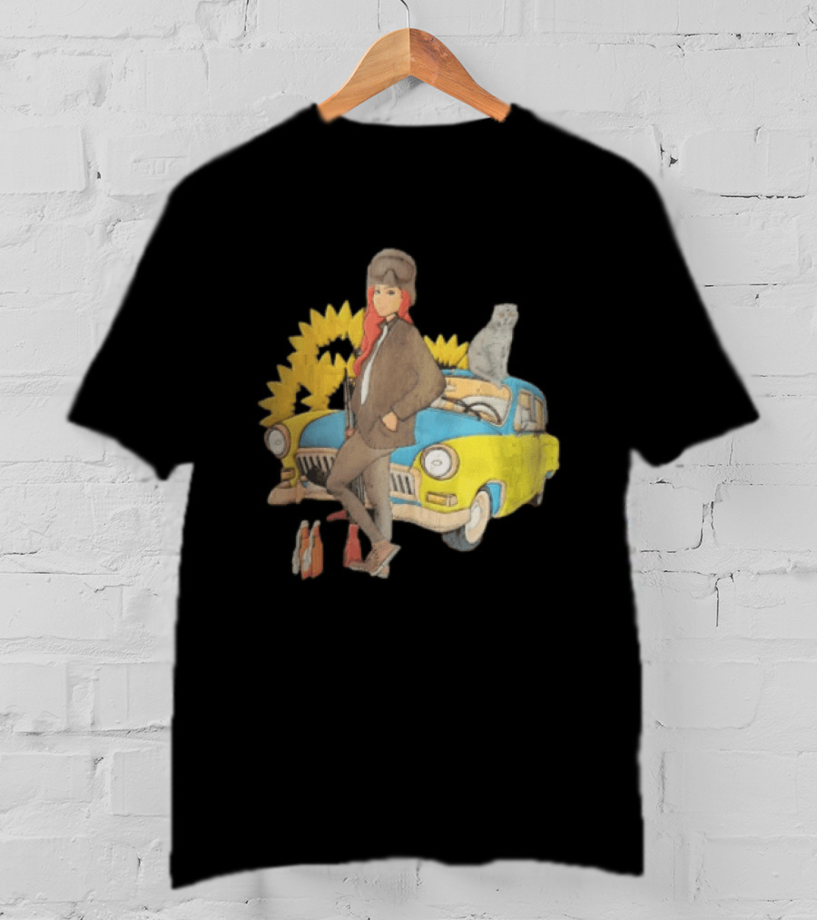 Woman Soldier With Cat On Vintage Car And Sunflowers T-Shirt