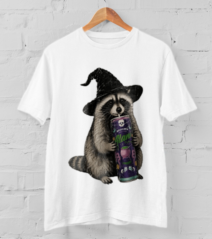 Alani Witches Brew Raccoon Witch Hat Can Holding T-Shirt