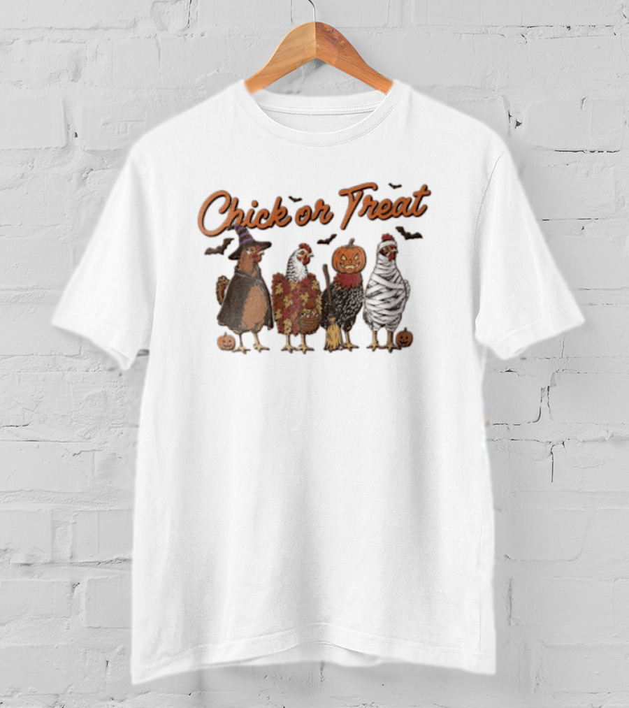 Chick Or Treat Halloween Chickens In Witch Mummy Pumpkin Costumes With Autumn Leaves And Bats T-Shirt