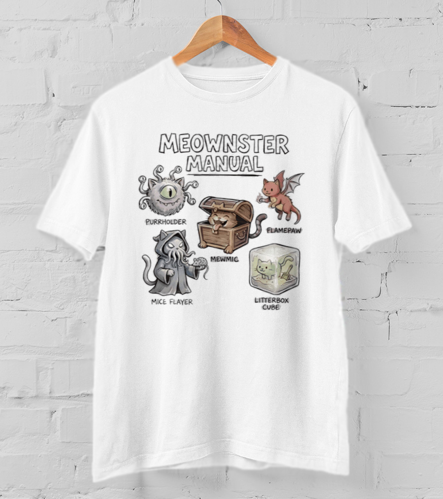 Meownster Manual Beholder Cat Cattack Mimic Abomination Cube Dragon Kitten T-Shirt