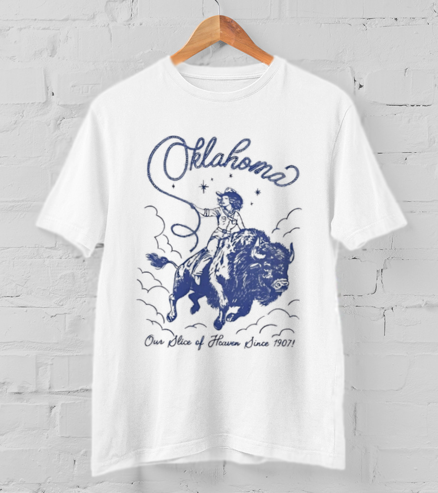 Oklahoma Our Slice Of Heaven Since 1907 Cowgirl Riding Buffalo T-Shirt