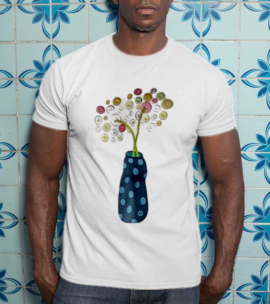 Polka Dot Vase With Colorful Button Flowers T-Shirt