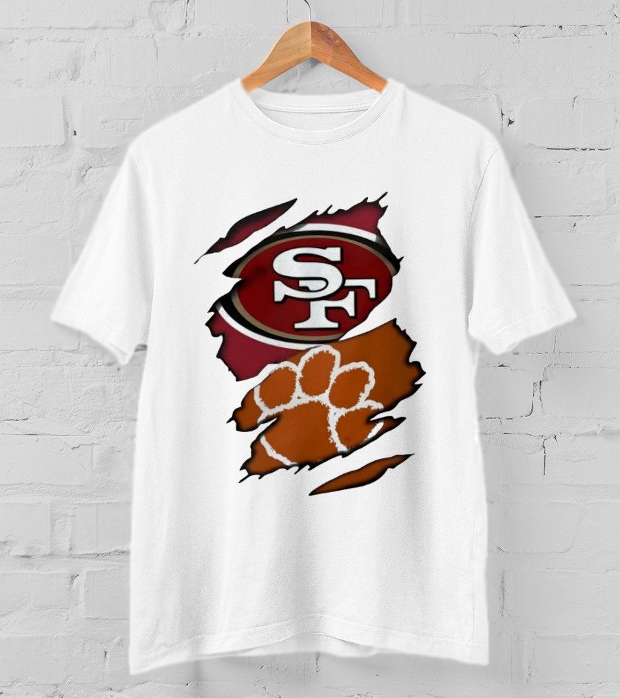 San Francisco 49ers SF And Clemson Tigers Paw Ripped Fabric T-Shirt