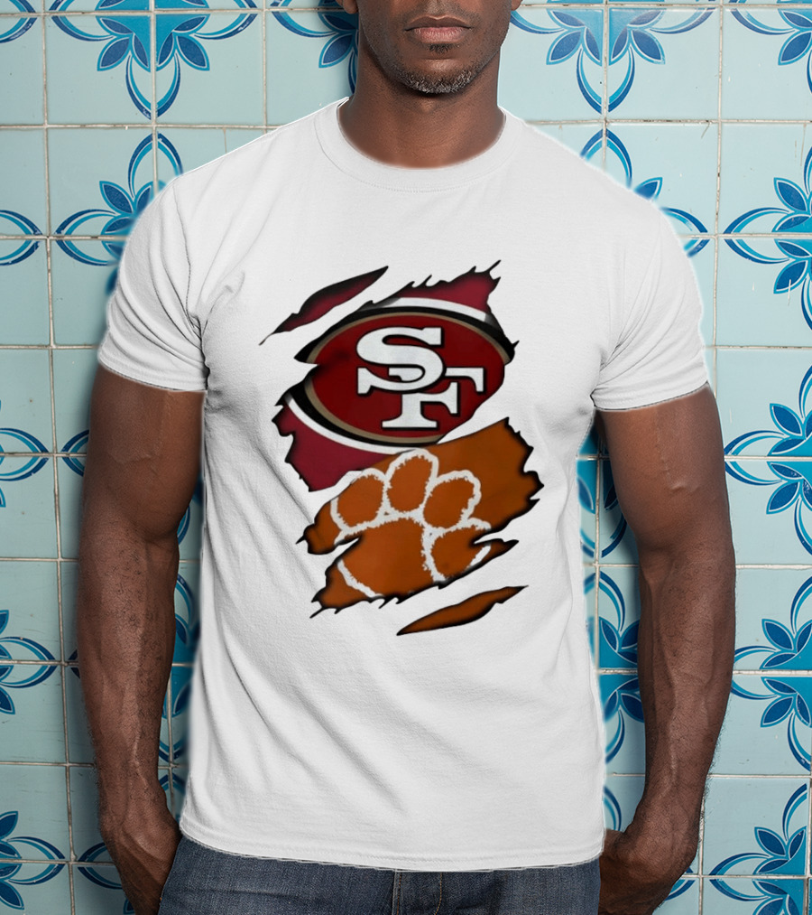 San Francisco 49ers SF And Clemson Tigers Paw Ripped Fabric T-Shirt