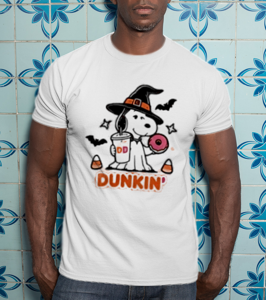 Snoopy Dunkin Donuts Halloween Witch Doughnut Coffee Cup Bats Candy Corn T-Shirt