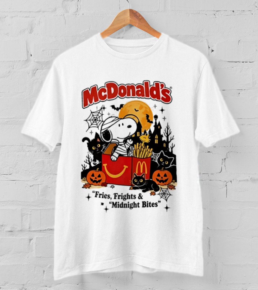Snoopy McDonald's Halloween Fires Frights Midnight Bites Pumpkin Black Cat Moon T-Shirt