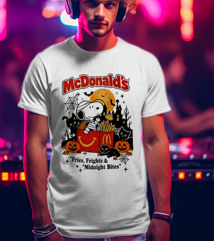 Snoopy McDonald's Halloween Fires Frights Midnight Bites Pumpkin Black Cat Moon T-Shirt