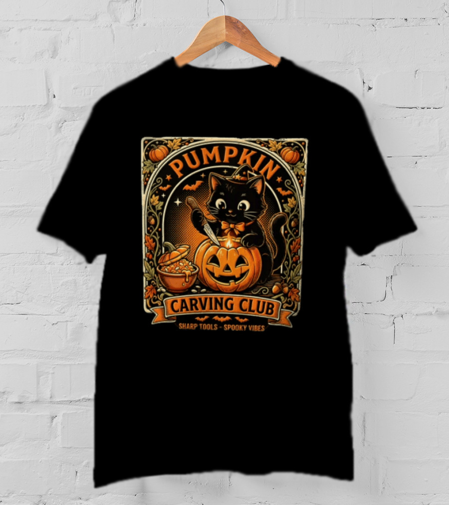 Pumpkin Carving Club Black Cat Sharp Tools Spooky Vibes T-Shirt