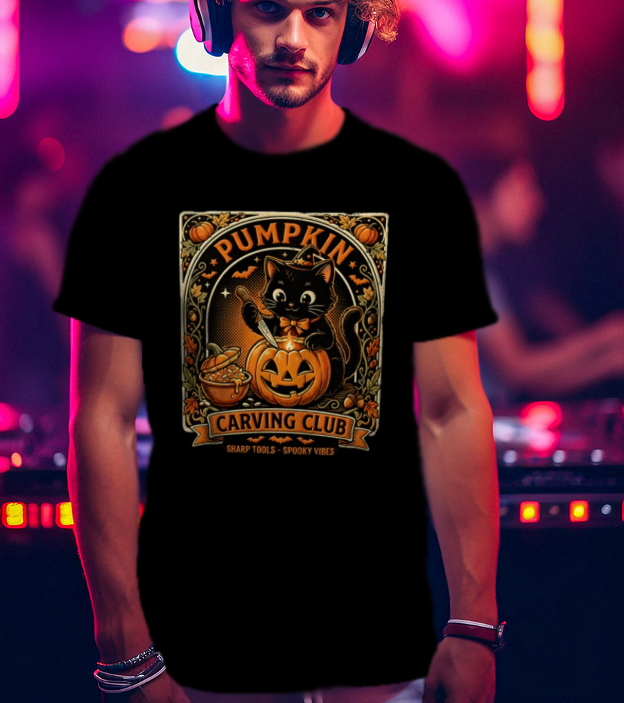 Pumpkin Carving Club Black Cat Sharp Tools Spooky Vibes T-Shirt