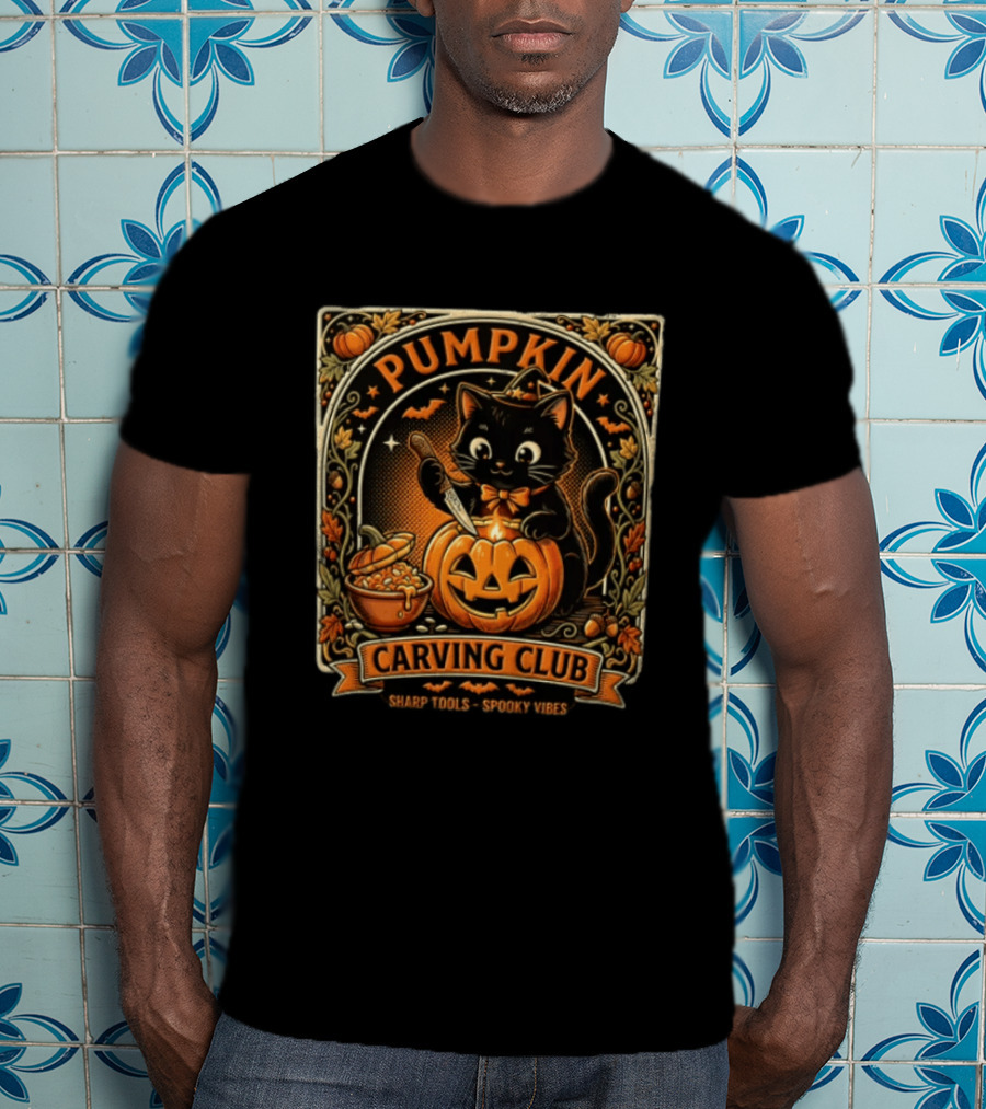Pumpkin Carving Club Black Cat Sharp Tools Spooky Vibes T-Shirt