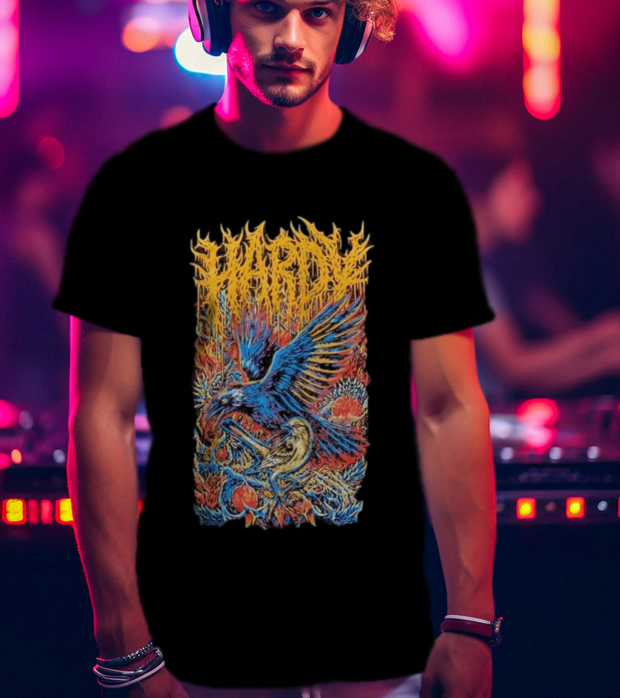 Hardy Blue And Yellow Birds With Fruit In Fiery Scene T-Shirt