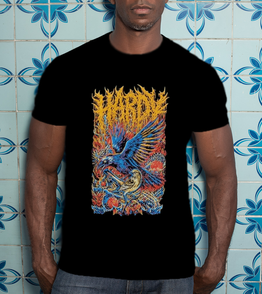 Hardy Blue And Yellow Birds With Fruit In Fiery Scene T-Shirt