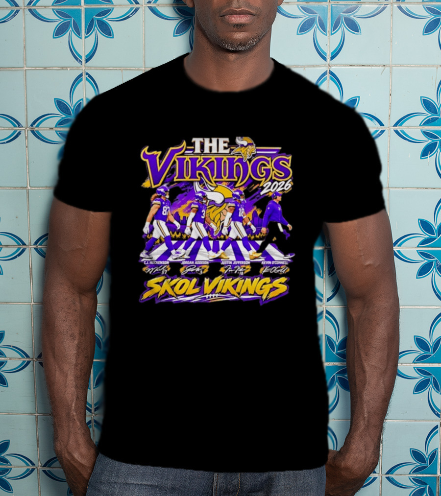 The Vikings 2026 J.J. Hockenson Jordan Addison Justin Jefferson Kevin O'Connell Skol Vikings T-Shirt