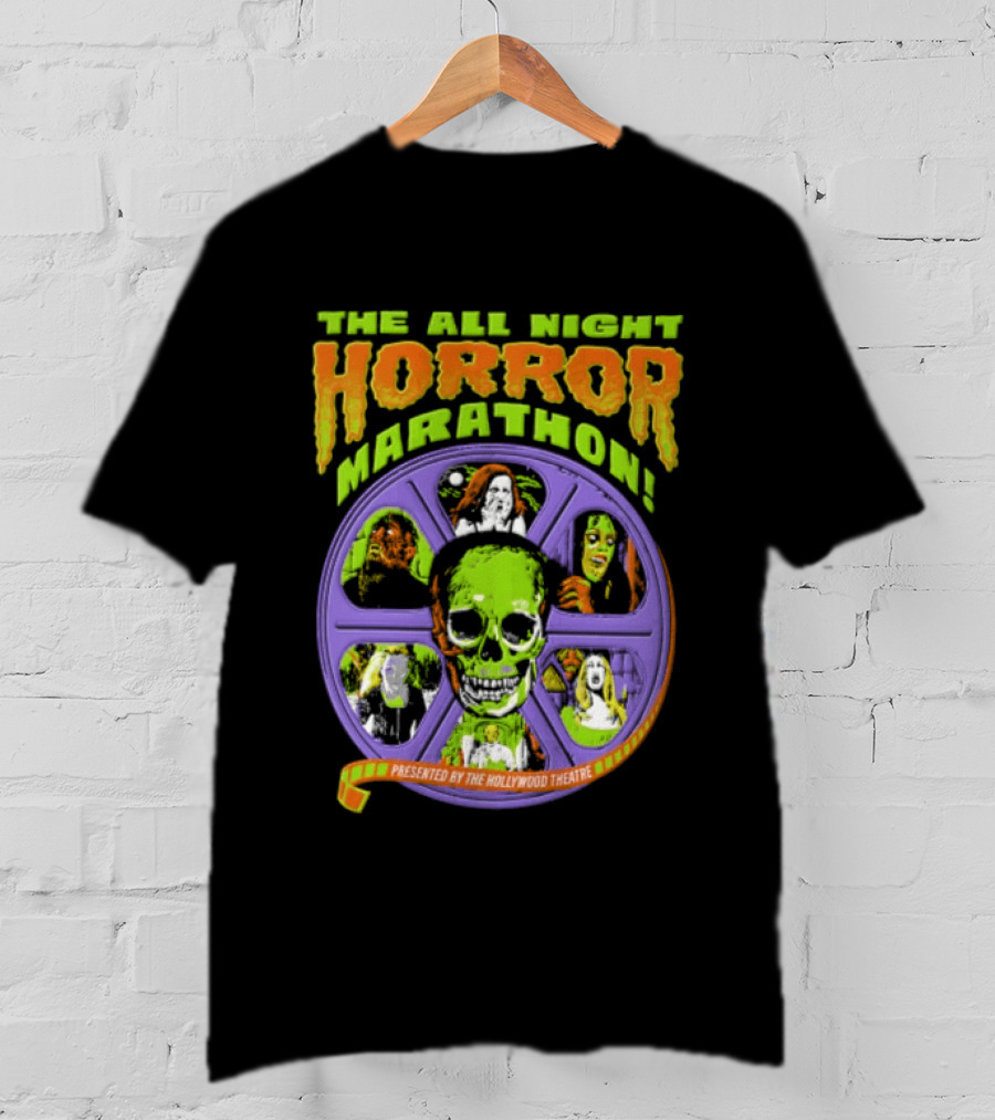 The All Night Horror Marathon Presented By The Hollywood Theatre Skulls And Monster Faces 2026 T-Shirt