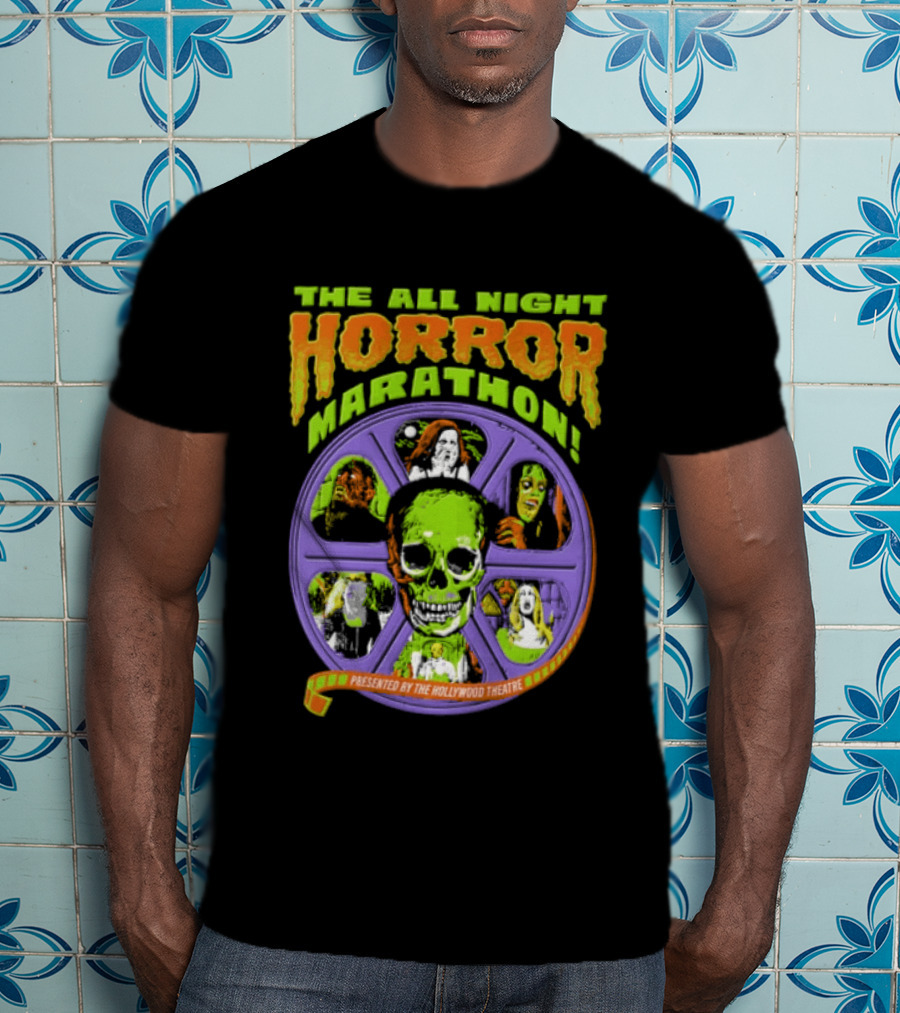 The All Night Horror Marathon Presented By The Hollywood Theatre Skulls And Monster Faces 2026 T-Shirt