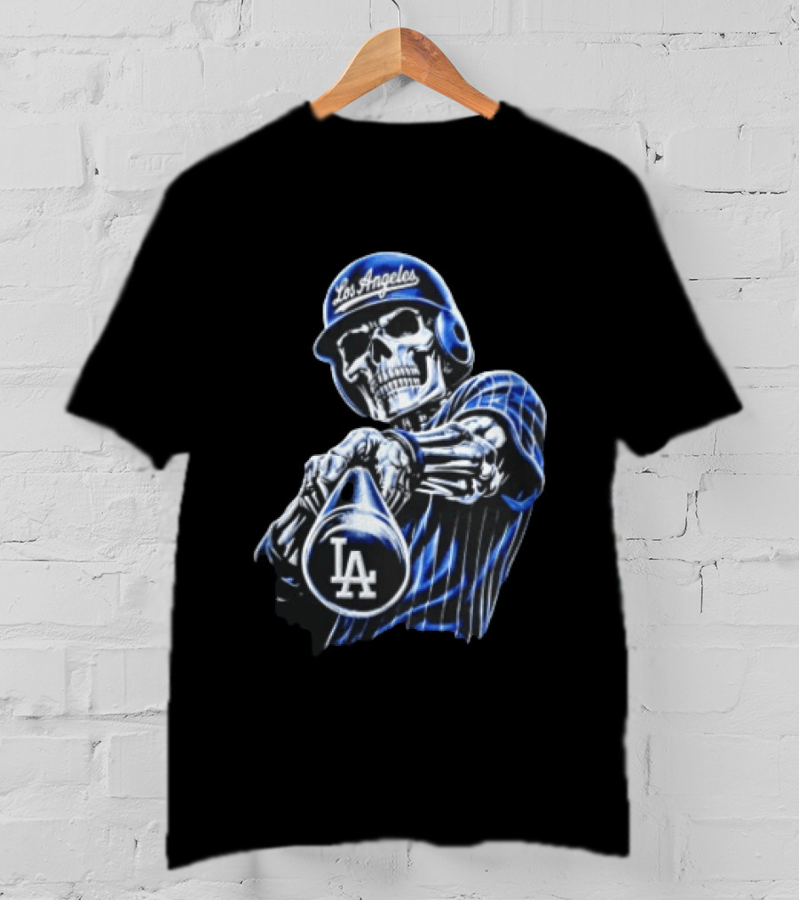 Los Angeles Dodgers Skeleton Baseball Player Pinstripe Jersey LA Cap T-Shirt