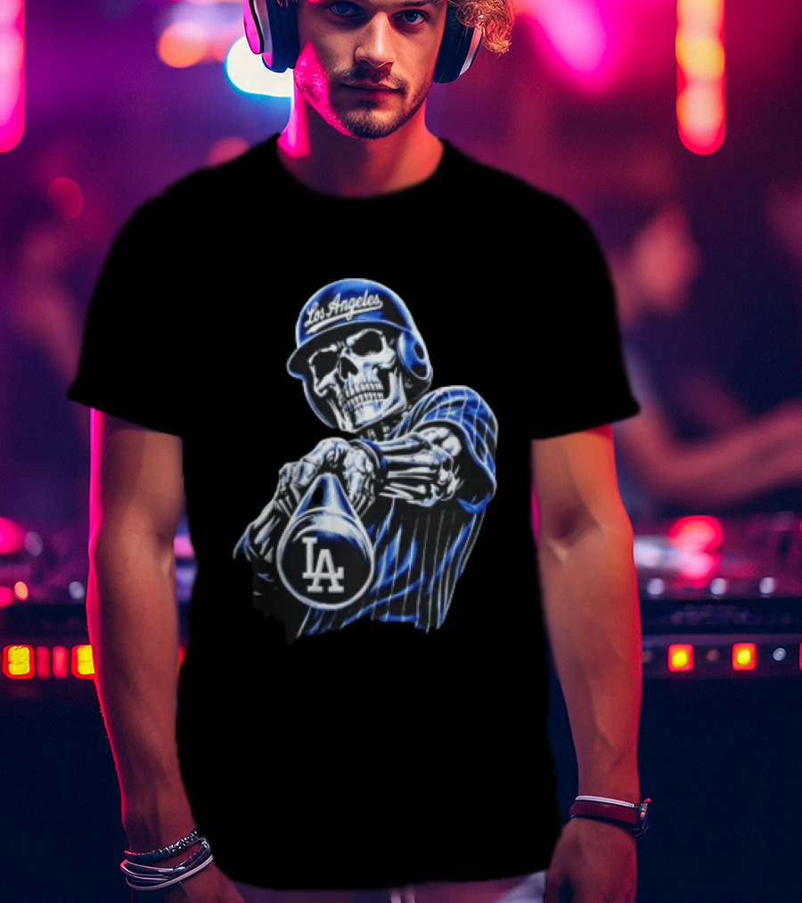 Los Angeles Dodgers Skeleton Baseball Player Pinstripe Jersey LA Cap T-Shirt