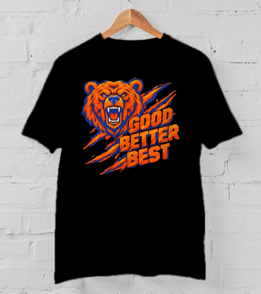 Good Better Best Grizzly Bear Claw Scratch Roaring Face Orange Blue T-Shirt