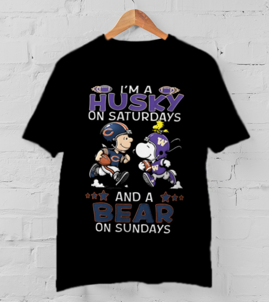 Charlie Brown Snoopy Woodstock I'm A Husky On Saturdays Bear On Sundays NCAAF Peanuts Football T-Shirt