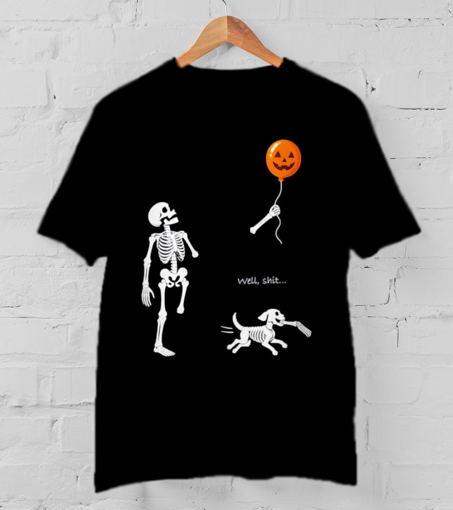 Skeleton Losing Halloween Pumpkin Balloon To Dog Well Shit T-Shirt