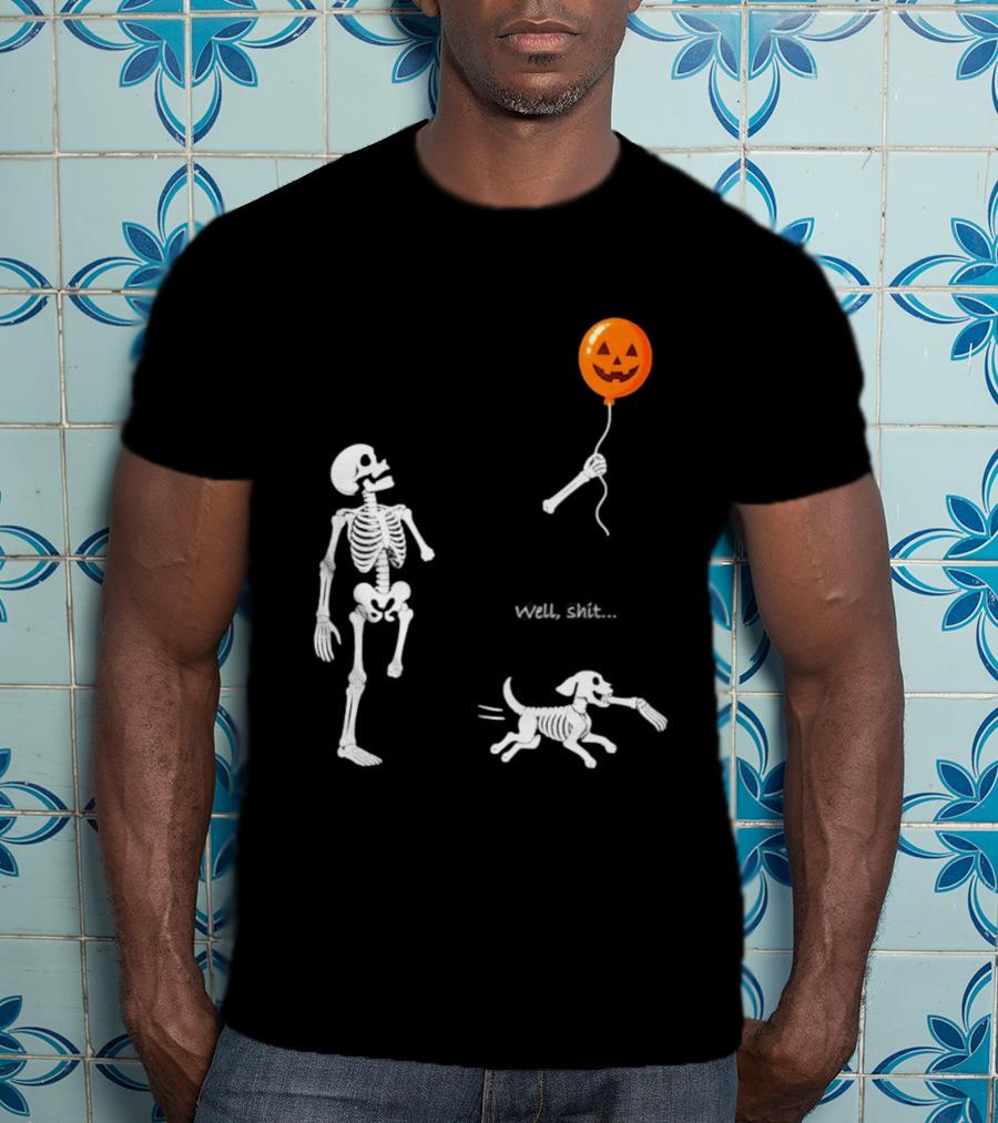 Skeleton Losing Halloween Pumpkin Balloon To Dog Well Shit T-Shirt