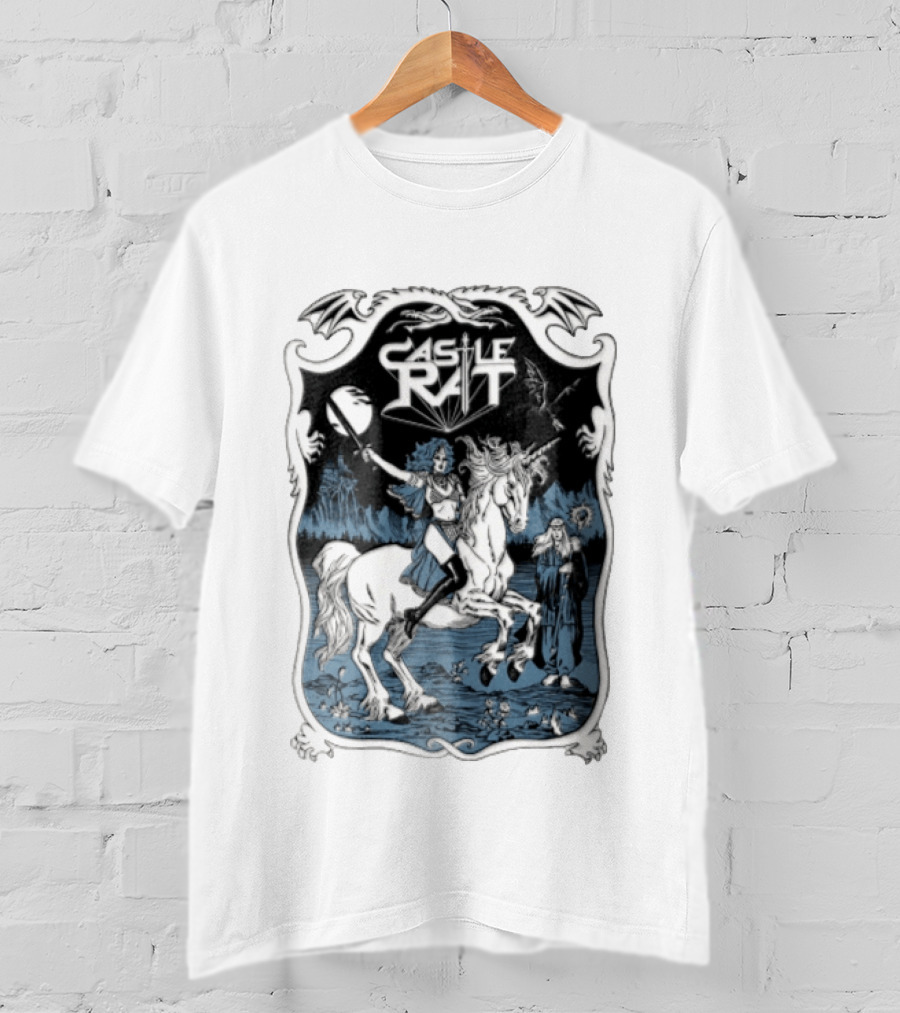 Castle Rat Warrior Woman Riding Unicorn Wizard Fantasy Scene T-Shirt
