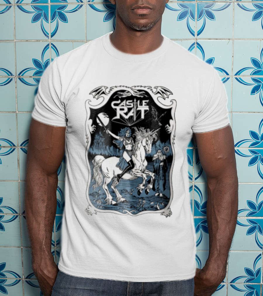 Castle Rat Warrior Woman Riding Unicorn Wizard Fantasy Scene T-Shirt