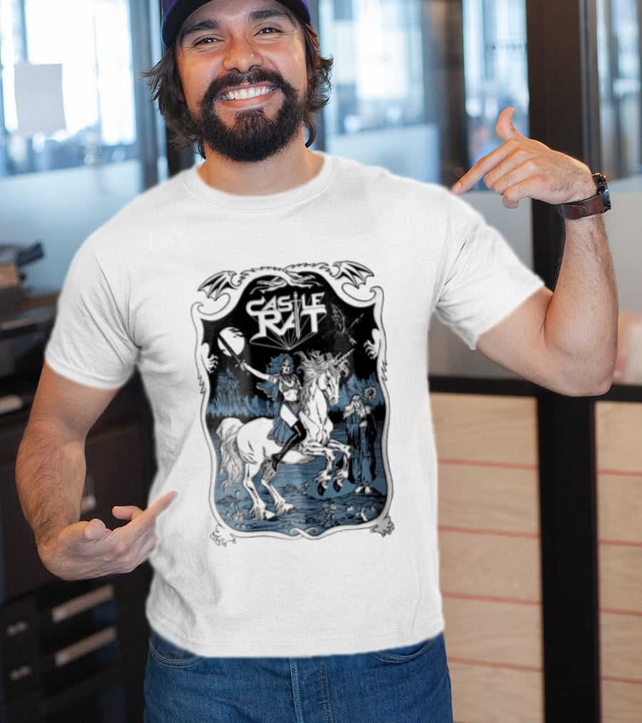 Castle Rat Warrior Woman Riding Unicorn Wizard Fantasy Scene T-Shirt