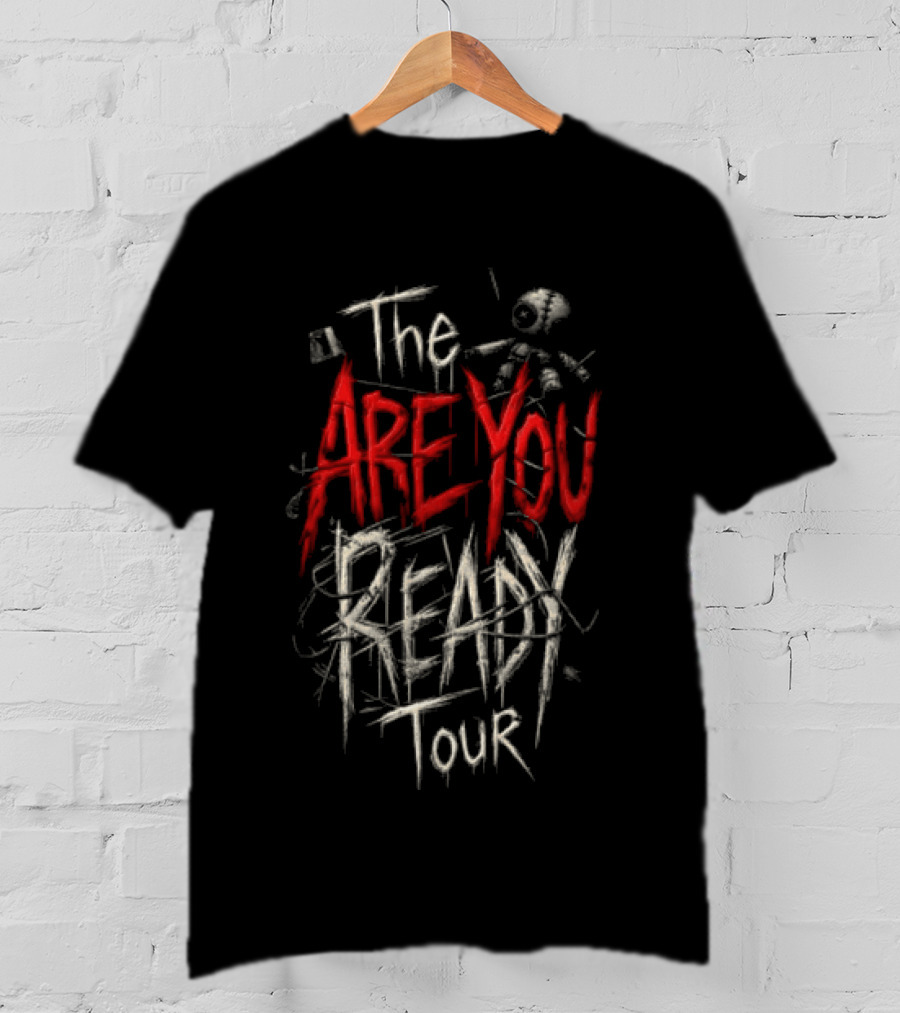 The Are You Ready Tour Red And White Bold Distressed Text With Stick Figure And Scribbles T-Shirt