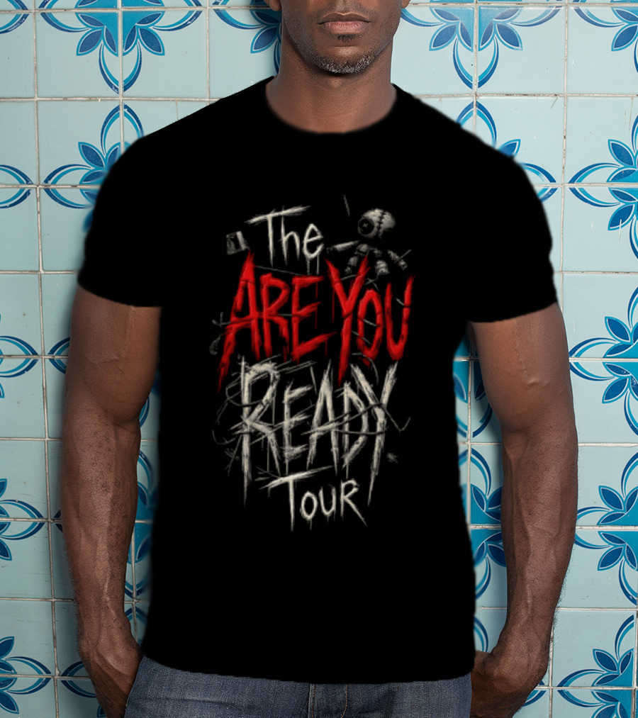 The Are You Ready Tour Red And White Bold Distressed Text With Stick Figure And Scribbles T-Shirt