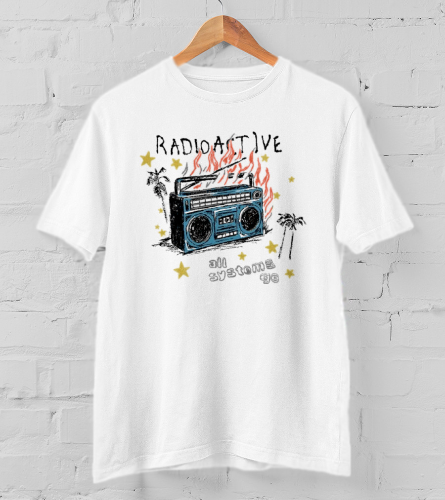 Radioactive All Systems Go Boombox Cassette Flames Stars Palms T-Shirt