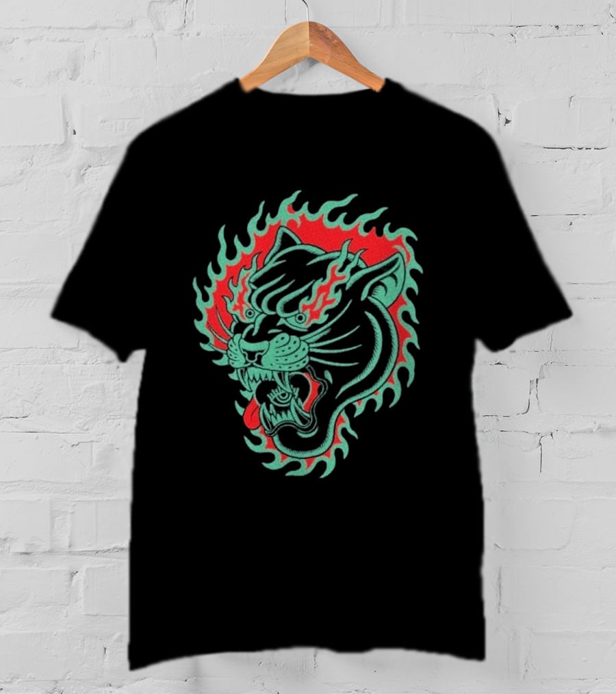 Bad Monday Panther Bite Heavy Flaming Green Red Panther T-Shirt