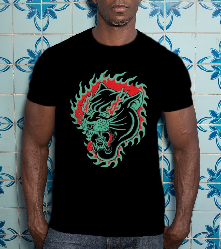 Bad Monday Panther Bite Heavy Flaming Green Red Panther T-Shirt