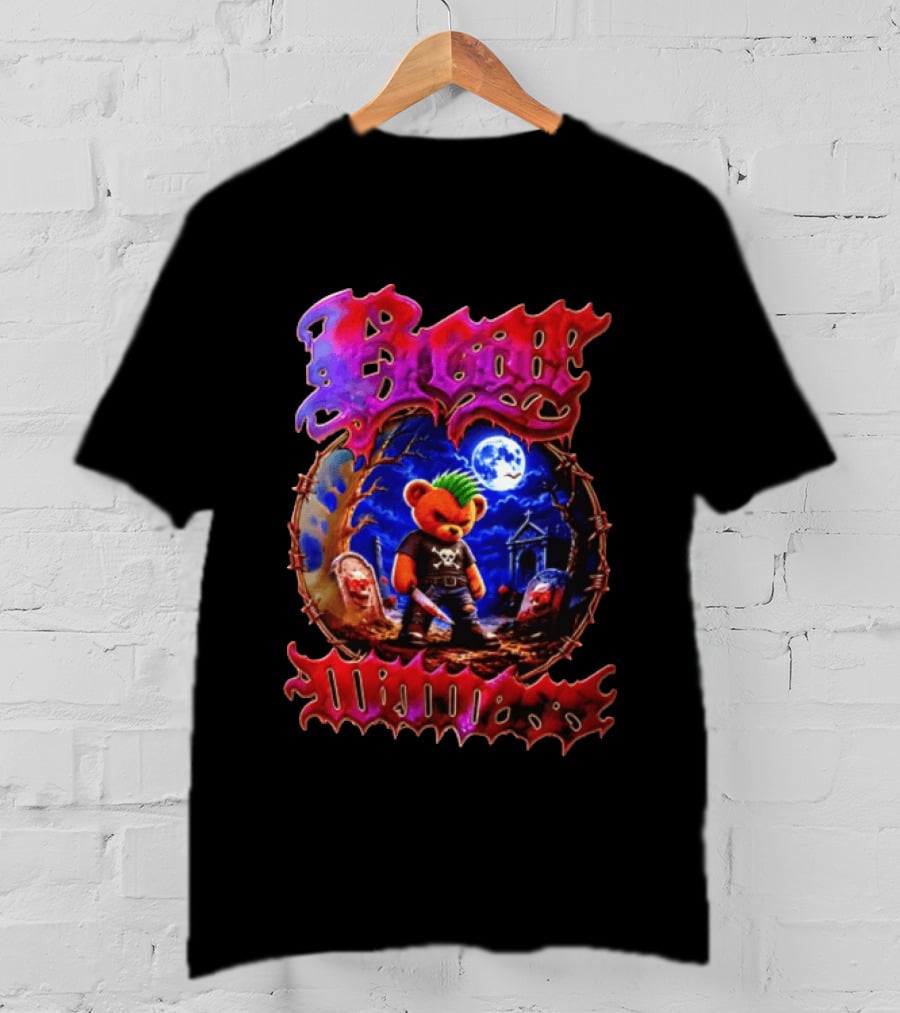 Bear Killers Punk Teddy Bear With Knife And Moonlit Graveyard Scene T-Shirt