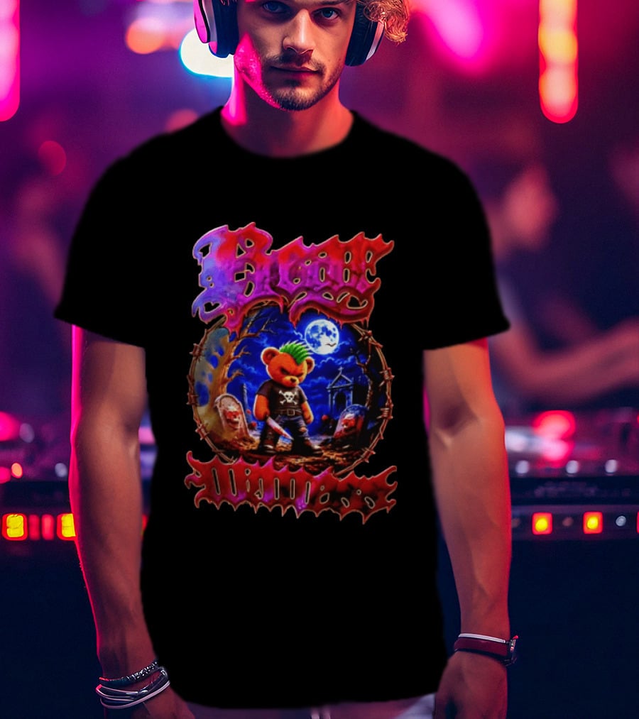 Bear Killers Punk Teddy Bear With Knife And Moonlit Graveyard Scene T-Shirt