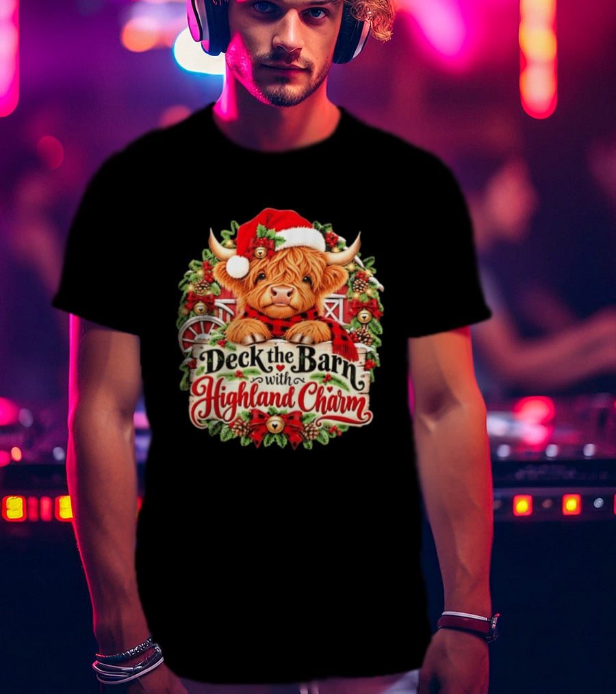 Deck The Barn With Highland Charm And Santa Highland Cow Holiday Wreath T-Shirt