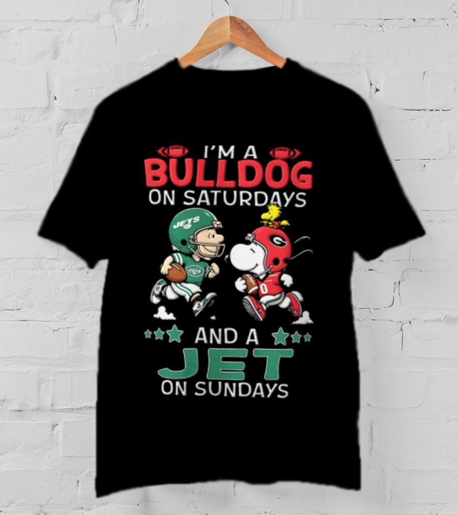 Charlie Brown Snoopy Woodstock I'm A Bulldog On Saturdays And A Jet On Sundays NCAAF NFL T-Shirt