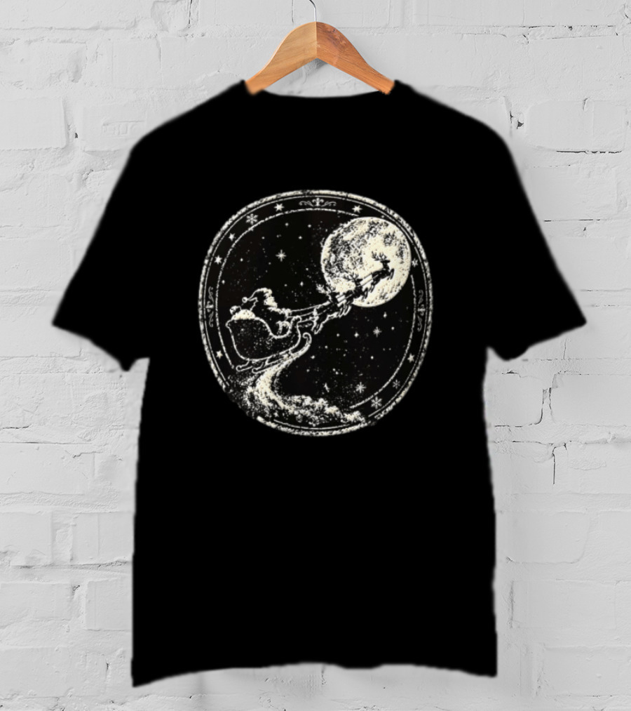 Santa Sleigh Flying Across Moonlit Night Vintage Stamp Christmas T-Shirt