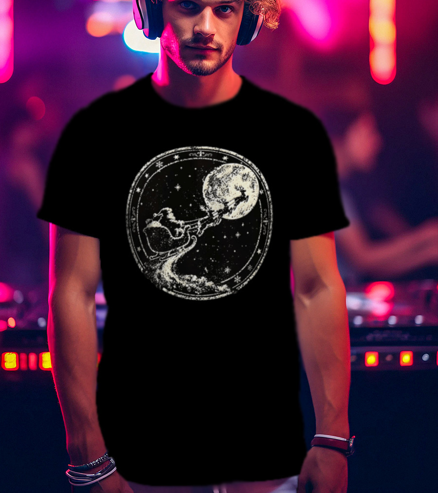 Santa Sleigh Flying Across Moonlit Night Vintage Stamp Christmas T-Shirt