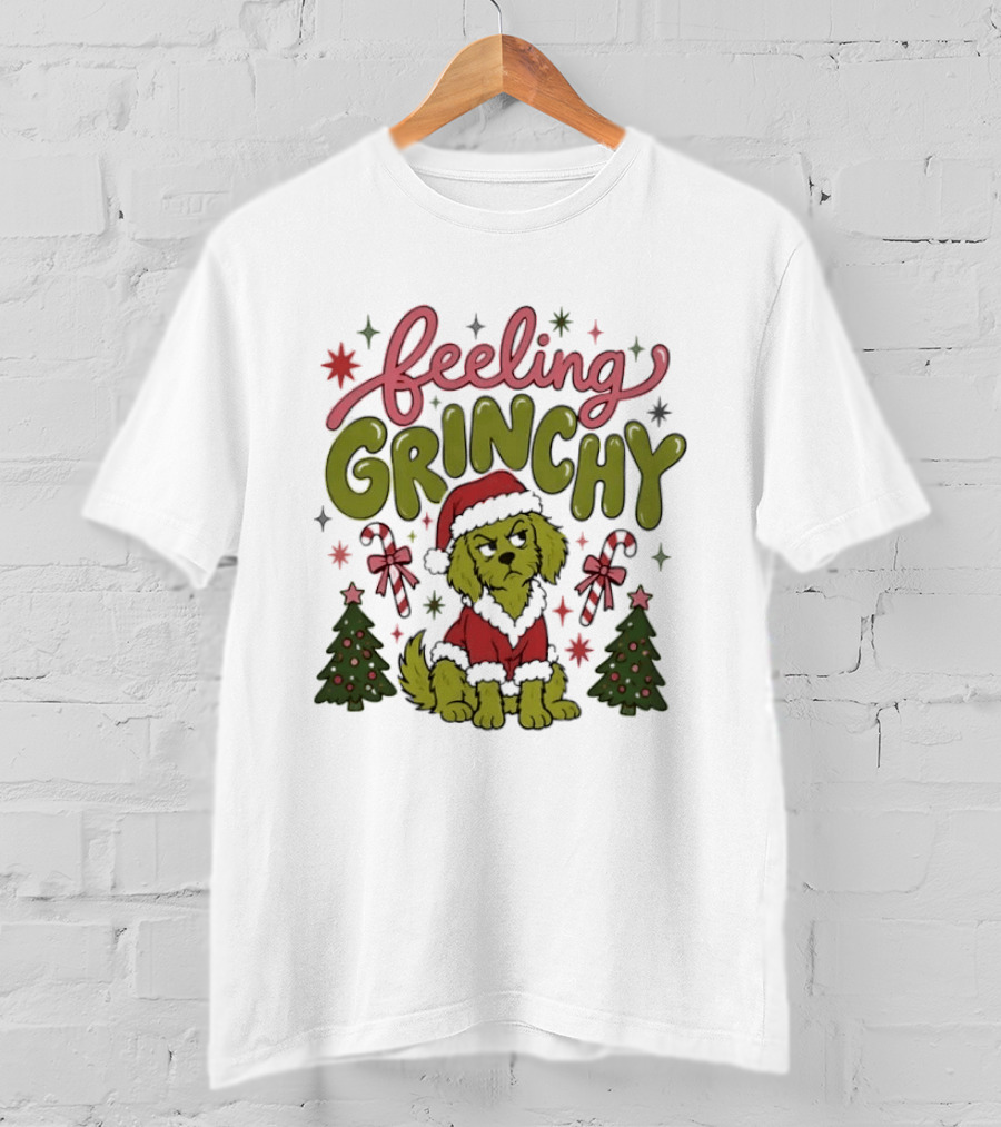 Feeling Grinchy Dog Christmas Santa Hat Candy Canes Trees T-Shirt
