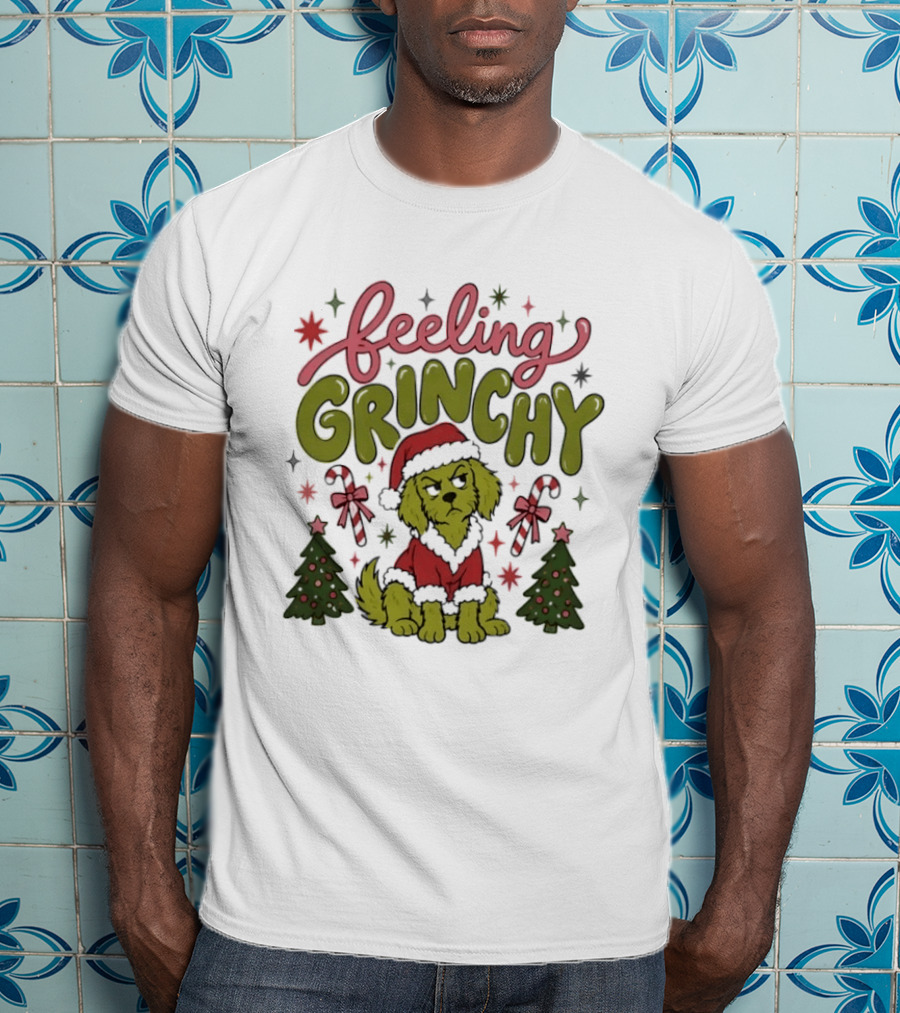 Feeling Grinchy Dog Christmas Santa Hat Candy Canes Trees T-Shirt