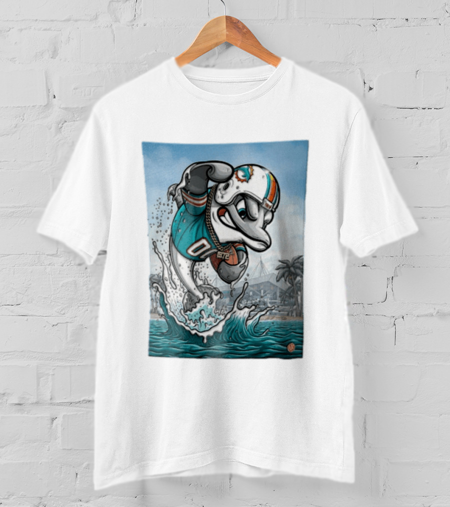 Miami Dolphins Garo Yepremian Fins Up 1972 Cartoon Dolphin Helmet Football T-Shirt