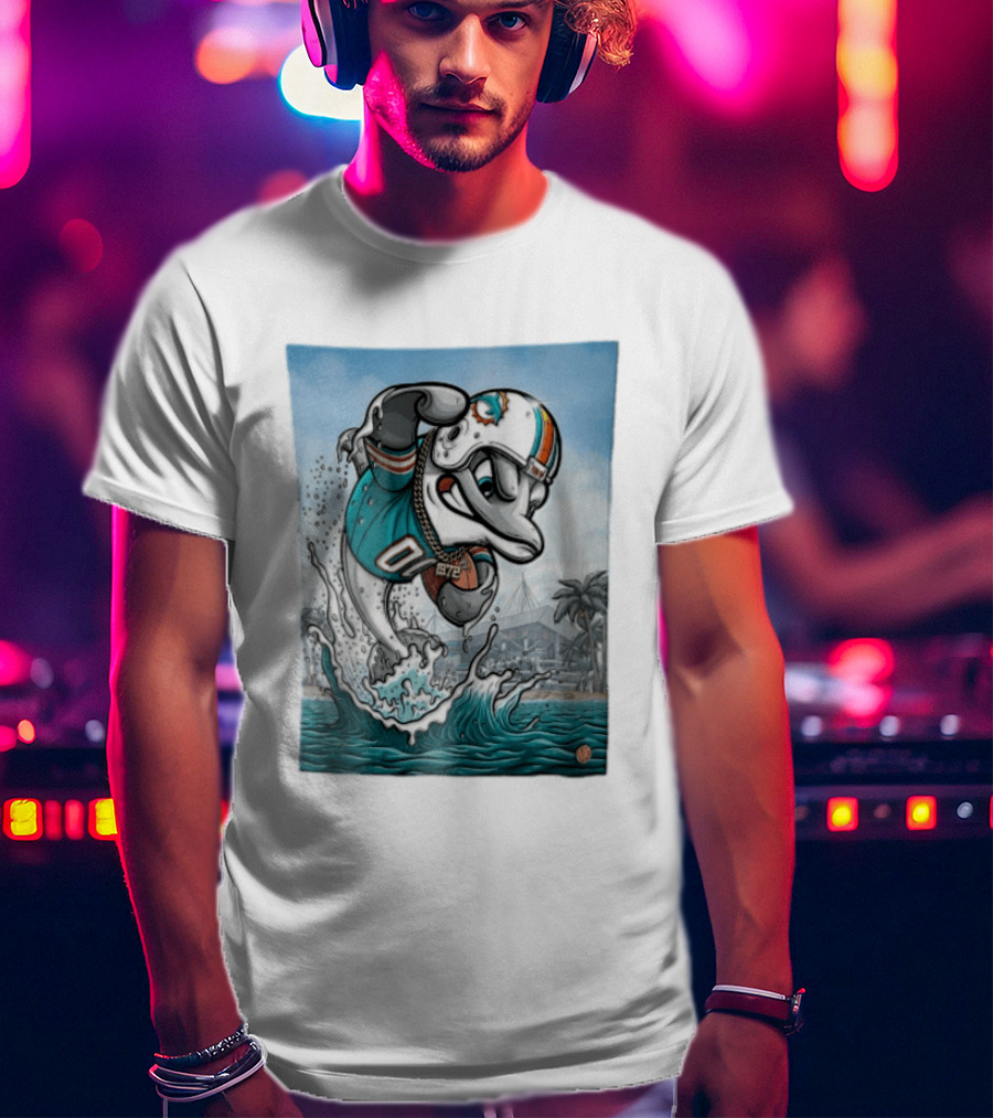 Miami Dolphins Garo Yepremian Fins Up 1972 Cartoon Dolphin Helmet Football T-Shirt