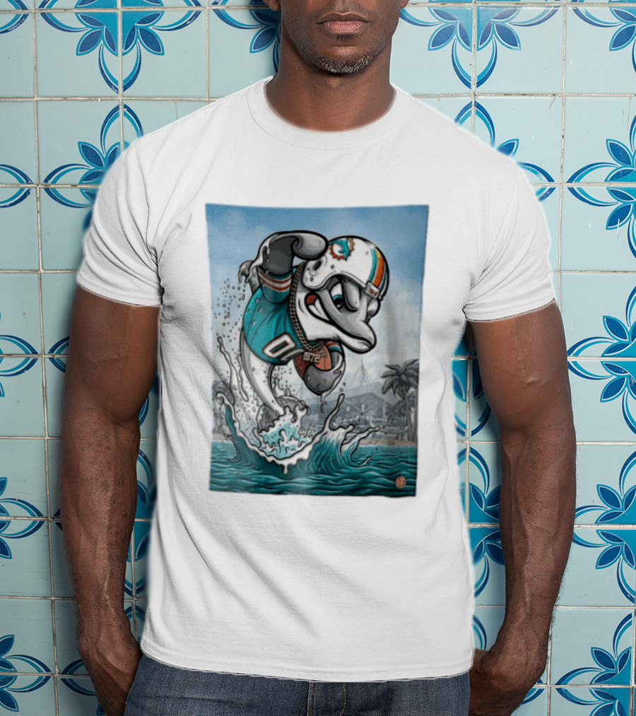 Miami Dolphins Garo Yepremian Fins Up 1972 Cartoon Dolphin Helmet Football T-Shirt