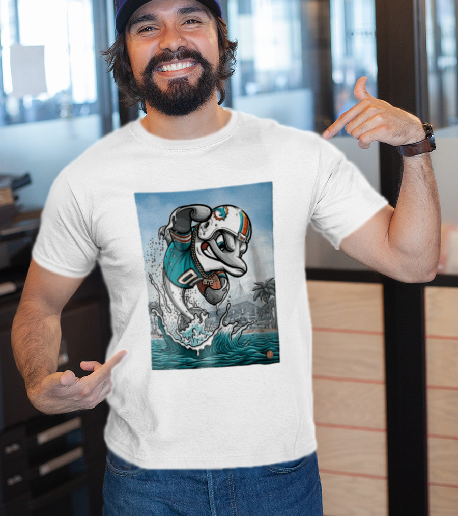 Miami Dolphins Garo Yepremian Fins Up 1972 Cartoon Dolphin Helmet Football T-Shirt