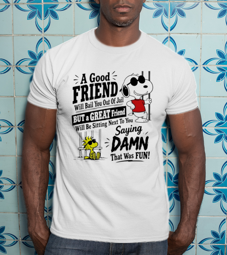 Snoopy And Woodstock A Good Friend Will Bail You Out Of Jail A Great Friend Will Be Sitting Next To You Saying Damn That Was Fun T-Shirt