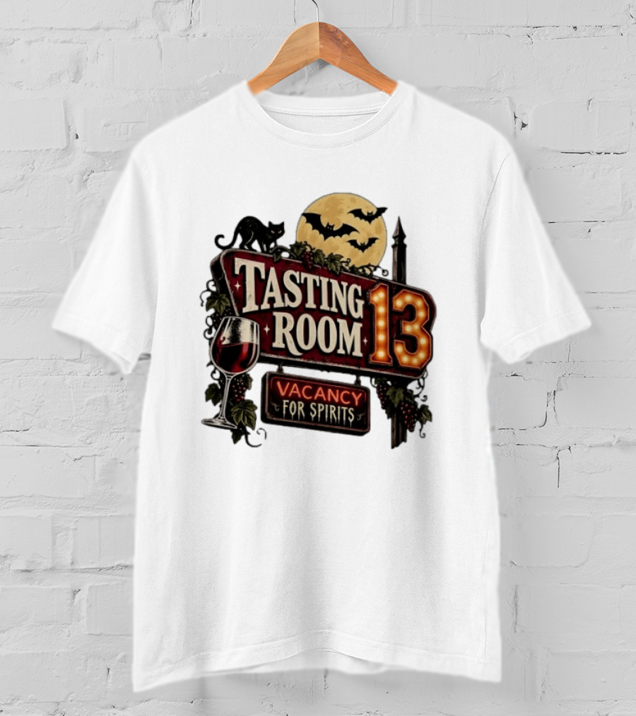 Tasting Room 13 Vacancy For Spirits Halloween Wine Moon Bats Cat T-Shirt